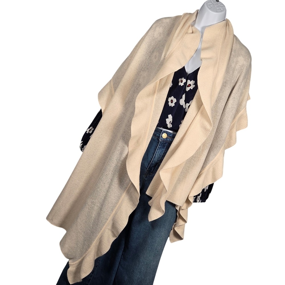 White + Warren 100% Cashmere Ruffle Trim Wrap Scarf Shawl Cream Women